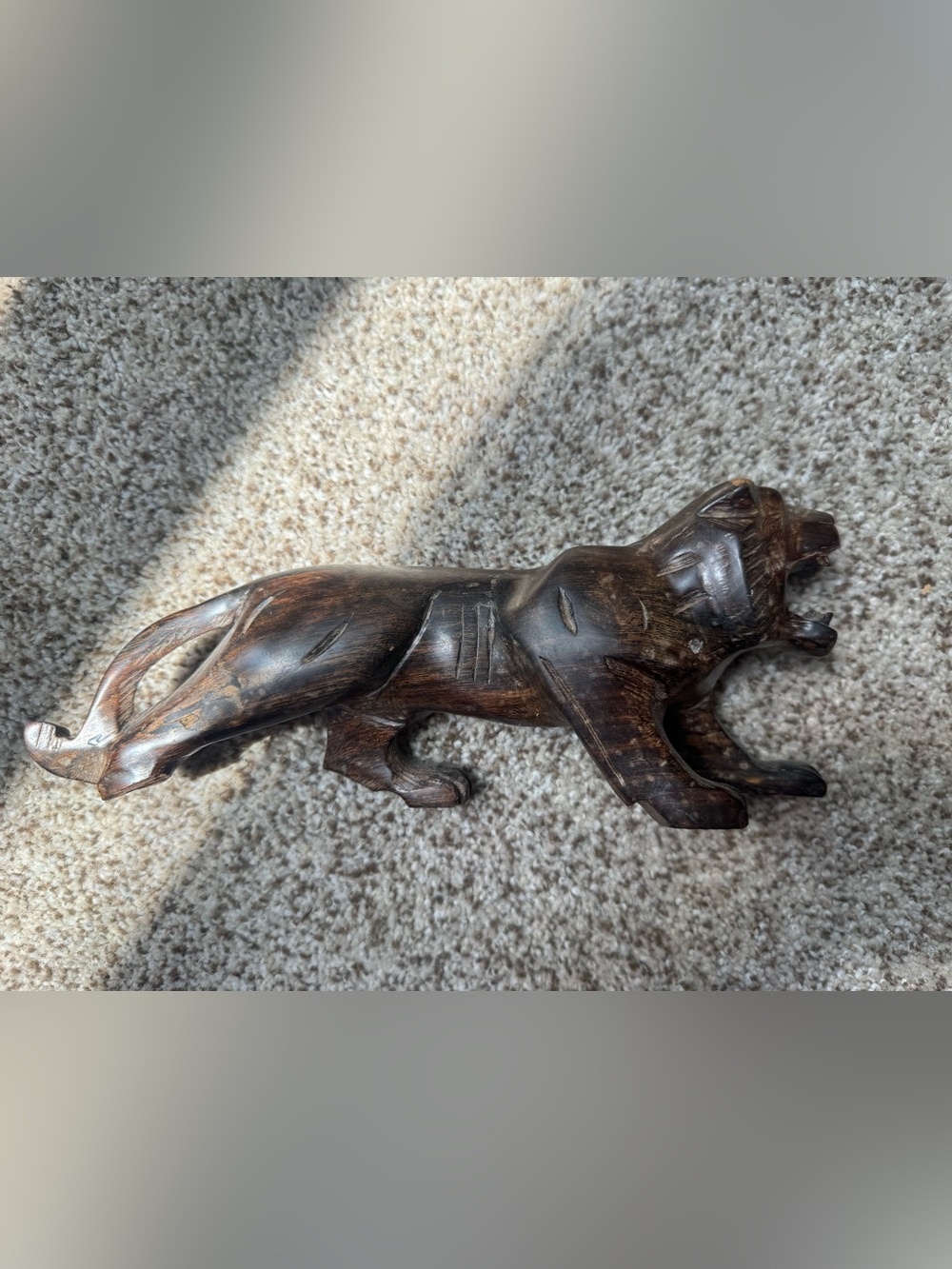 Hand-Carved Dark Wood Lion Animal Sculpture - Brown